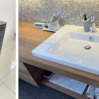 千葉県千葉市美浜区高浜の売買物件/左：この物件の魅力のひとつ、ペレットストーブ
右：広い洗面台スペースはまるでホテルのよう