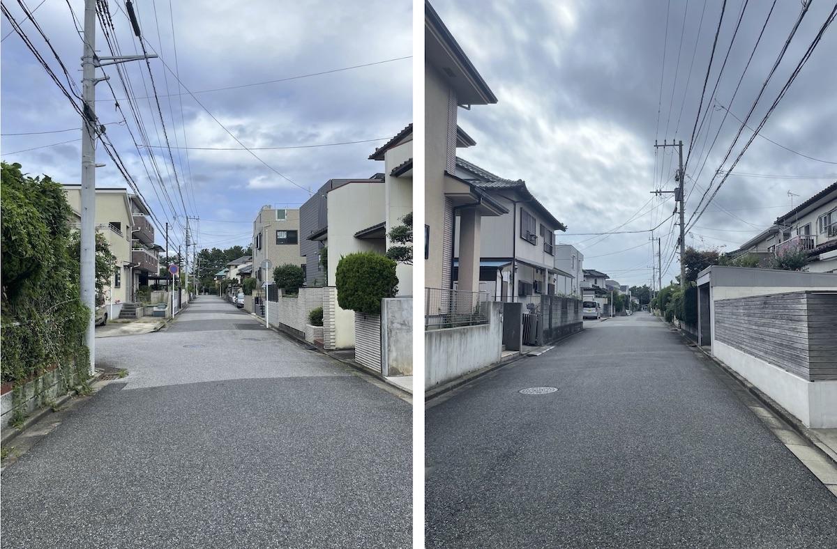 千葉県千葉市美浜区高浜の売買物件/左：物件裏側の道路(北東側)　右：物件裏側の道路(南西側)