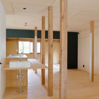 千葉県長生郡長生村本郷の売買物件/玄関からの室内の様子。リノベーション前からの柱が残り、室内にも森が続いているよう