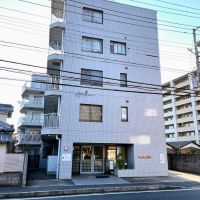 千葉県習志野市谷津町の売買物件/前面道路から見た、マンション正面。奥に細く伸びた形状
