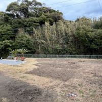 千葉県南房総市安馬谷の売買物件/窓側からみた庭と雑木林。庭はオーナーが家庭菜園に使っていますが、撮影時期はまだ苗植え前