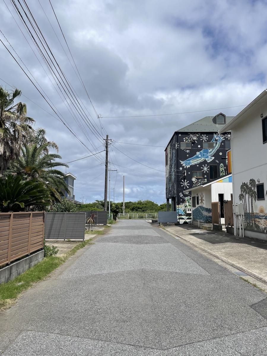 千葉県長生郡一宮町一宮の売買物件/山側から前面道路を眺める。防風林の向こうは九十九里の海