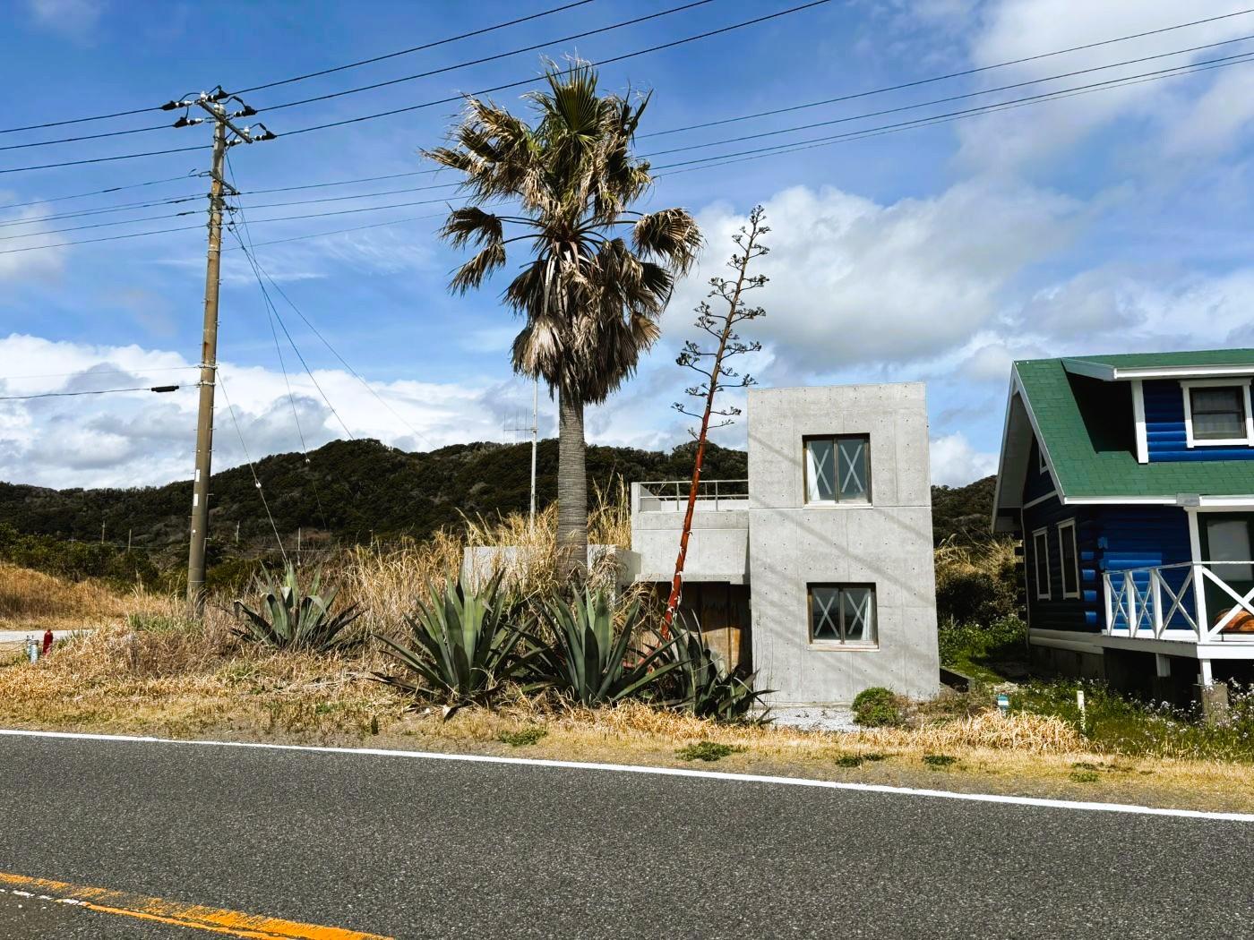 千葉県南房総市白浜の売買物件/道路の海側から。ログハウスのお隣さんとは結構近い関係
