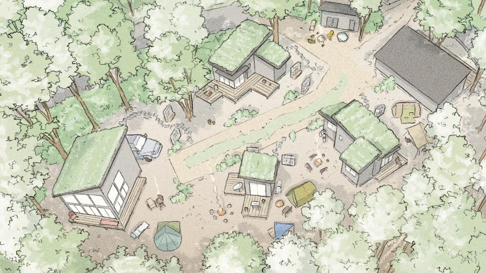 千葉県いすみ市岬町椎木の売買物件/全区画に建物（モデルプランの場合）が建った時のイメージ鳥瞰図。もっと色々な種類の建物が配置されると、また面白い景観になりそう