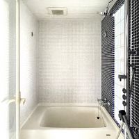 福岡市城南区長尾の売買物件/洗面所に合わせたタイルとガラスブロックで採光も。シャワーはオーバーヘッドシャワー。扉はスケスケです。