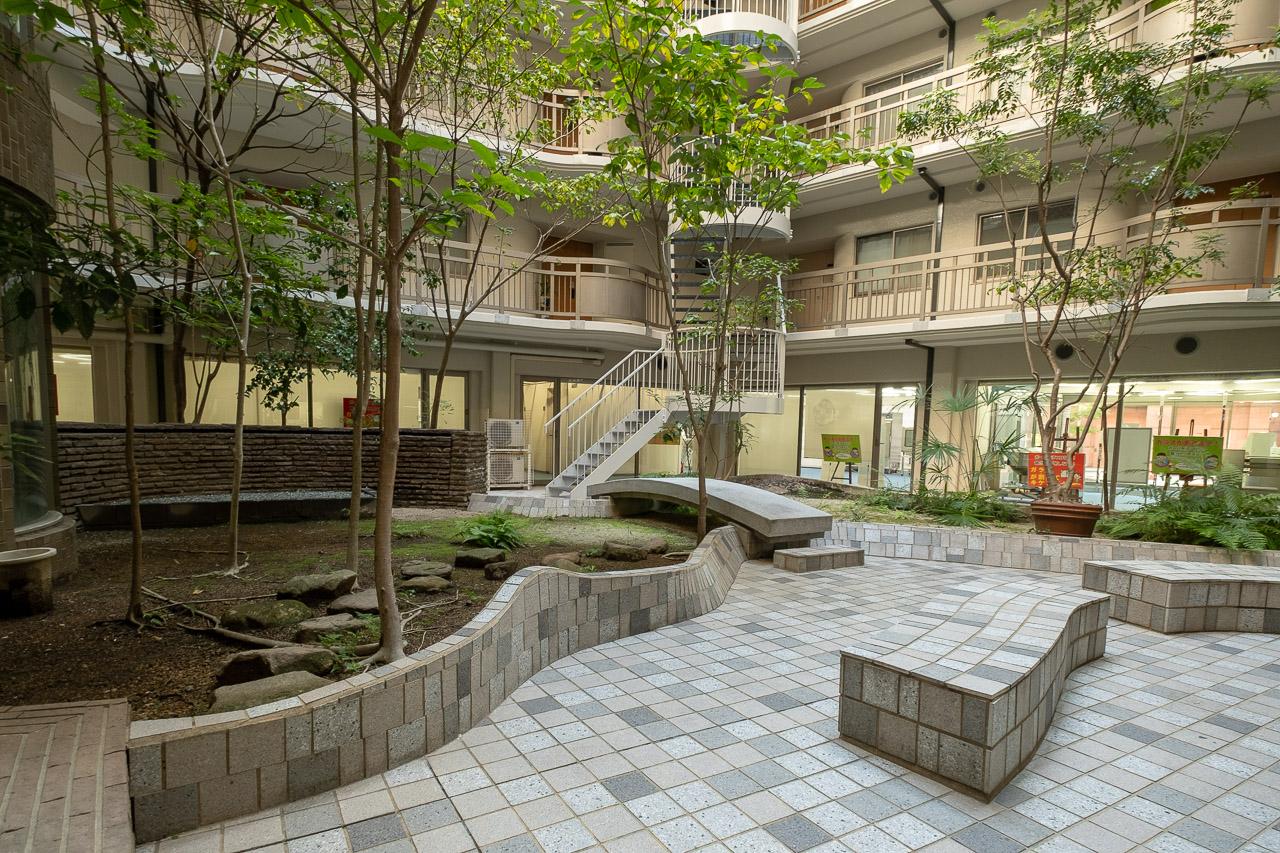 福岡市中央区薬院の賃貸物件/パティオには緑とベンチ。