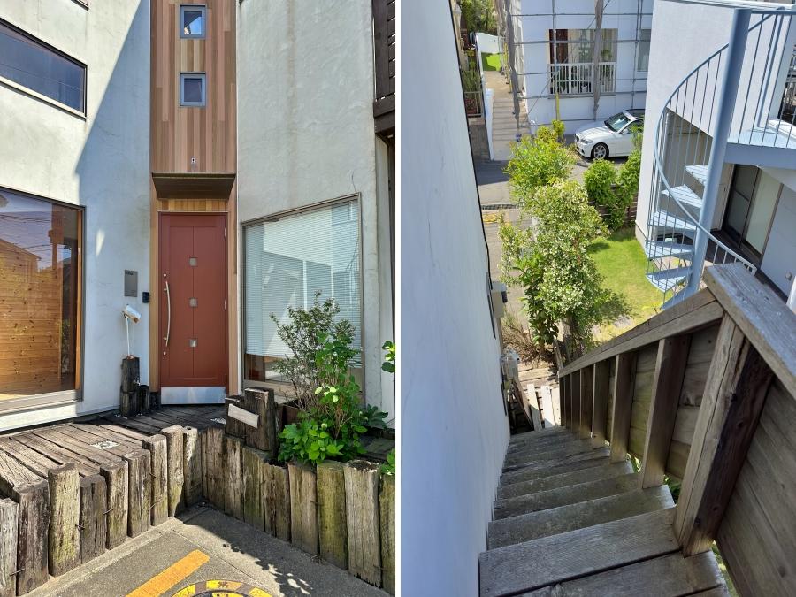 鎌倉市材木座五丁目の売買物件/左：玄関左に水栓柱｜右：外付け階段
