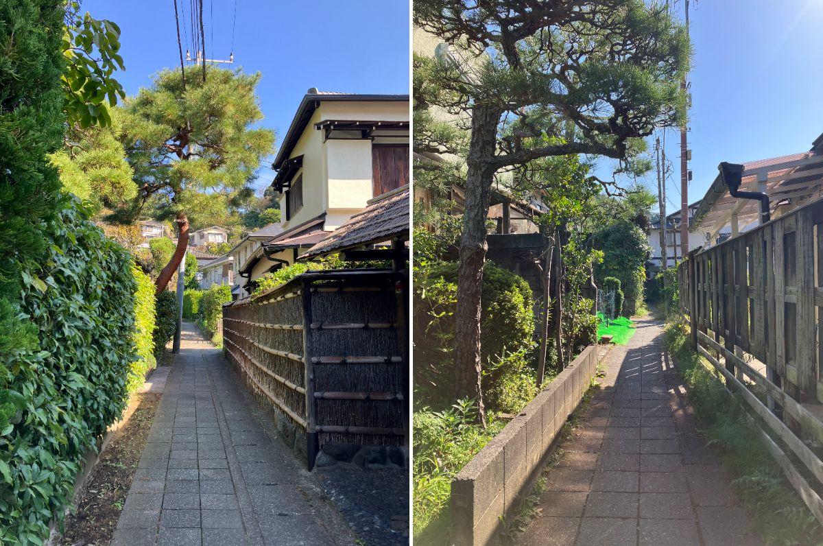鎌倉市山ノ内の賃貸物件/周辺｜北鎌倉駅への近道の細い路地。垣根や生け垣が渋い。
