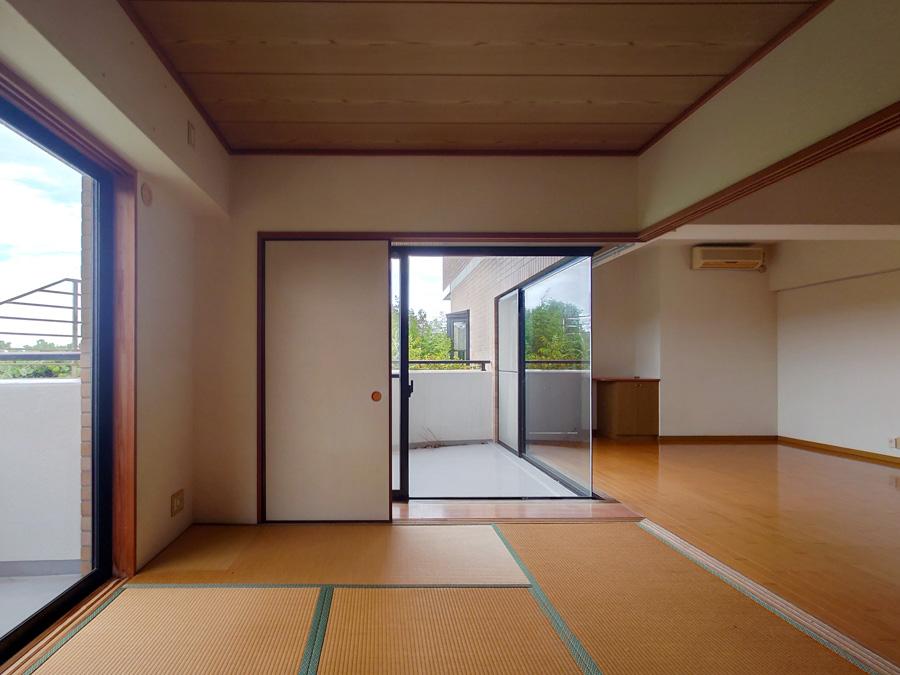 逗子市小坪七丁目の売買物件/LDKと和室はバルコニーとつながっていて、窓から自然光がたっぷり差し込む