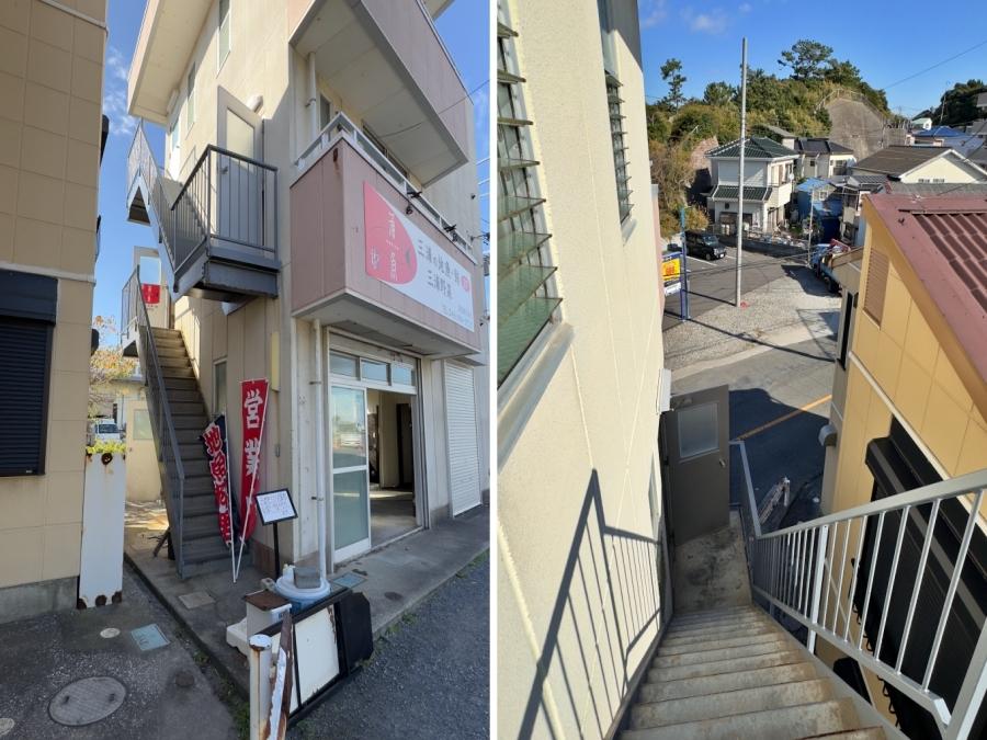 三浦市三崎五丁目の賃貸物件/左：外階段で3階まで登ります｜右：2階部分は一部中を通ります