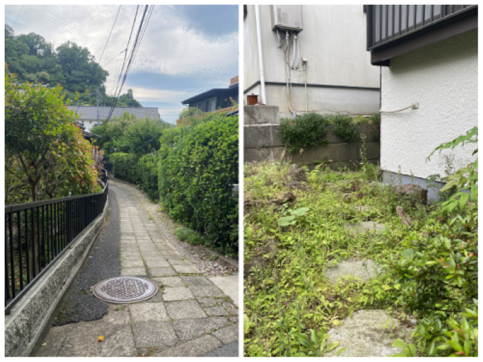 鎌倉市十二所の賃貸物件/車の進入が出来ない路地を進むと建物│玄関から庭へ飛石があります