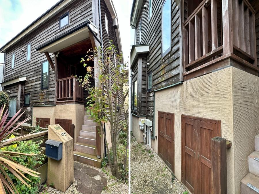 藤沢市鵠沼藤が谷三丁目の売買物件/左：玄関まで数段のぼります｜右：玄関下収納が2つあります
