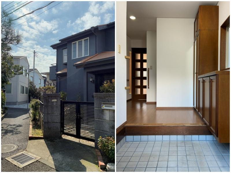 鎌倉市材木座三丁目の賃貸物件/左：建物正面入り口。前面道路は車が通れない道幅です｜右：玄関に入ったところ