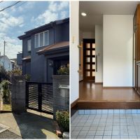鎌倉市材木座三丁目の賃貸物件/左：建物正面入り口。前面道路は車が通れない道幅です｜右：玄関に入ったところ