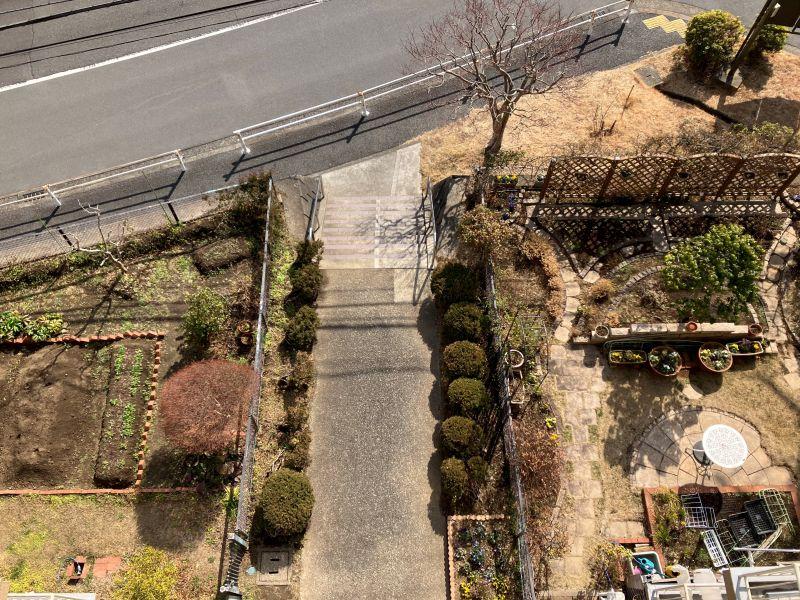 鎌倉市梶原五丁目の賃貸物件/周辺｜ベランダから見える1階の区画の庭。丁寧に整えられています。