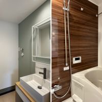 鎌倉市西御門一丁目の賃貸物件/左：洗面｜右：風呂　洗面やトイレは区画によって壁の色や配置が異なります