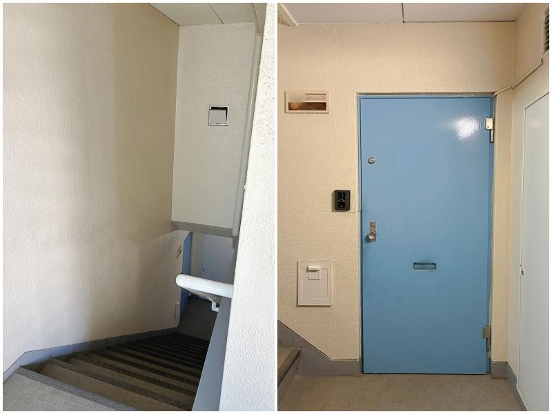 藤沢市鵠沼東の賃貸物件/共用部・玄関へは階段を1階分おります｜玄関まわり（レトロな牛乳瓶受けもあり）