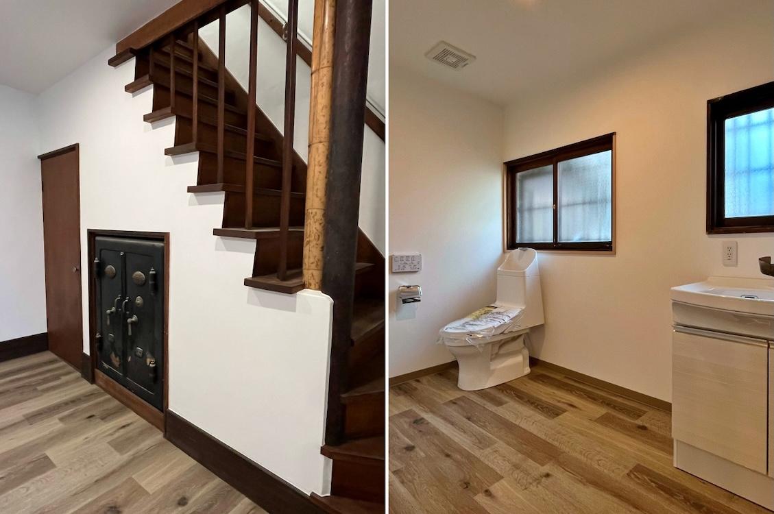 鎌倉市御成町の賃貸物件/左：Salonの金庫や階段｜右：Salon脇のトイレ＆洗面