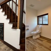 鎌倉市御成町の賃貸物件/左：Salonの金庫や階段｜右：Salon脇のトイレ＆洗面