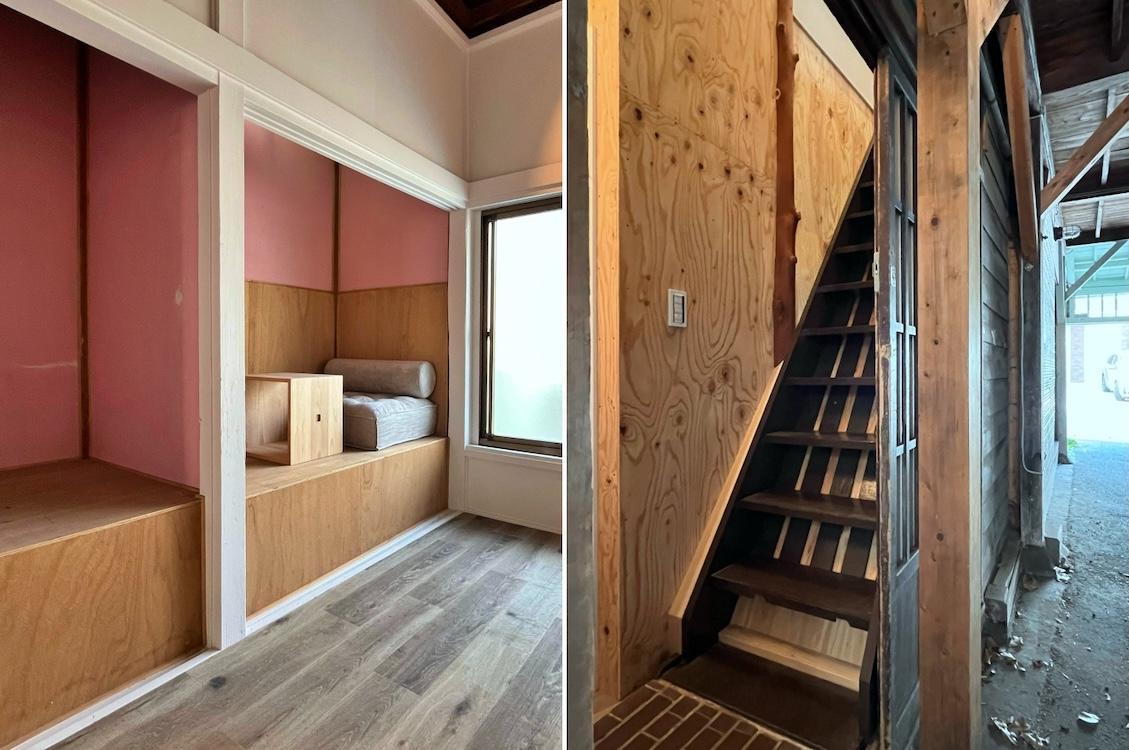鎌倉市御成町の賃貸物件/左：ニッチを工夫して面白い仕込みをしております｜右：階段はレトロで急勾配です