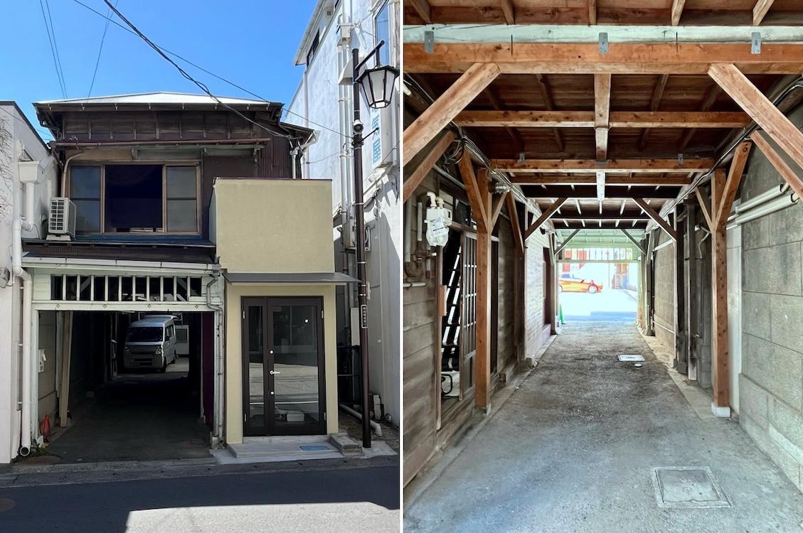 鎌倉市御成町の賃貸物件/左：建物のアプローチはシェアオフィスの入り口はこのトンネルをくぐった途中にあります|右：トンネルと呼んでいる空間は2階にシェアオフィスがある