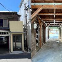 鎌倉市御成町の賃貸物件/左：建物のアプローチはシェアオフィスの入り口はこのトンネルをくぐった途中にあります|右：トンネルと呼んでいる空間は2階にシェアオフィスがある