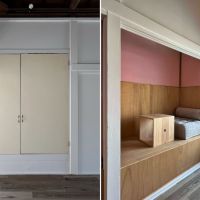 鎌倉市御成町の賃貸物件/左：大きな扉の収納｜右：押入れ的な空間に座卓をはめ込んでこもれる空間を作ってみました