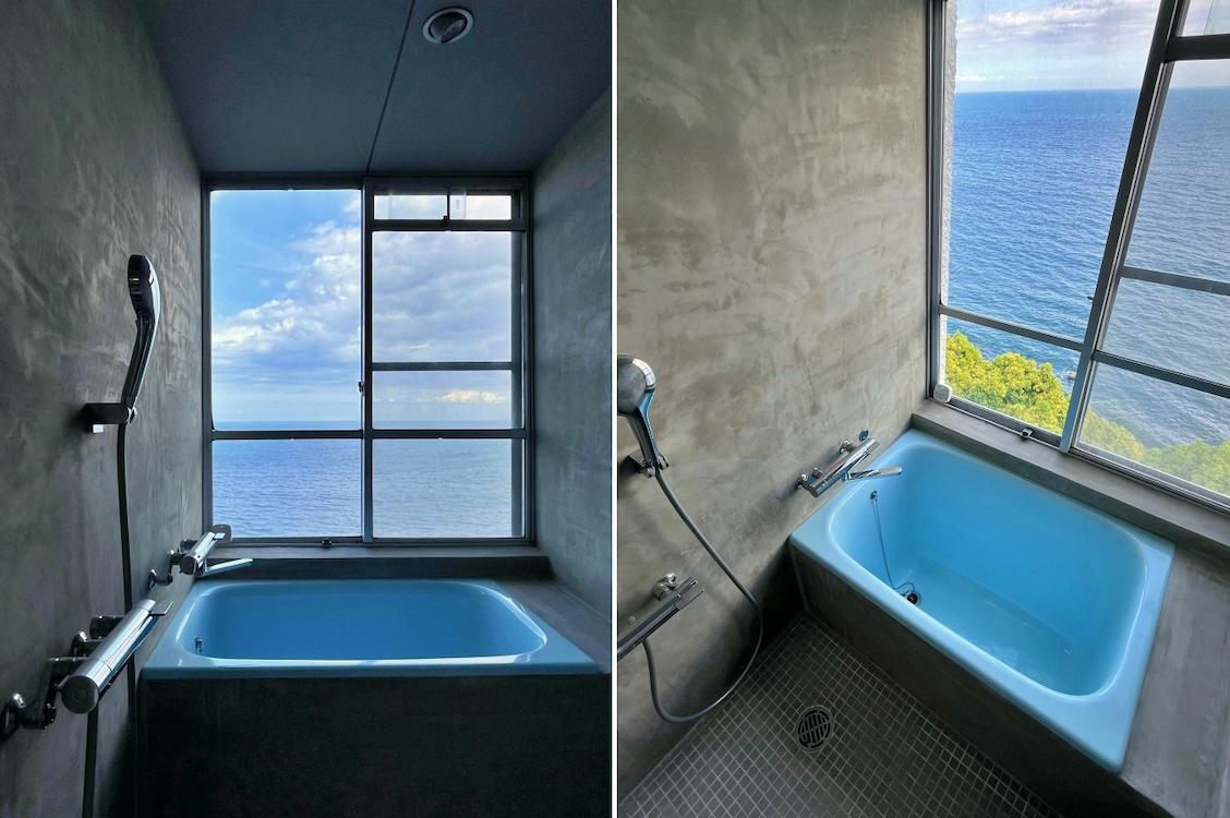 熱海市泉の売買物件/浴室｜ホーローの浴槽にクリア塗装でリメイクすることで、空と海の青を感じさせてくてます