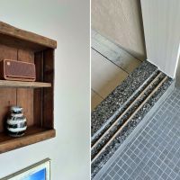 熱海市泉の売買物件/左：壁面に埋め込まれた古材の棚｜右：浴室建具の人研ぎが美しい