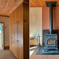 葉山町長柄の売買物件/左：木製の建具に囲まれた玄関周辺｜右：薪ストーブ