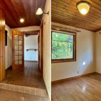 葉山町長柄の売買物件/左：玄関を別アングルから｜右：洋室6.8帖、天井照明が素敵
