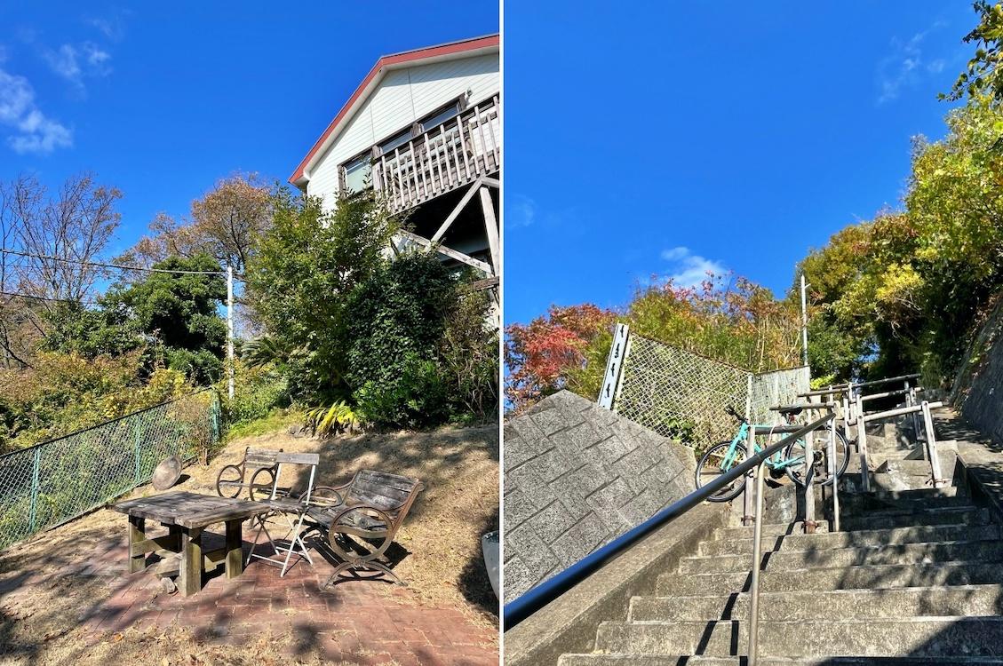 葉山町長柄の売買物件/左：わずかな平らな部分である庭｜右：町道の階段を見上げる