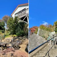 葉山町長柄の売買物件/左：わずかな平らな部分である庭｜右：町道の階段を見上げる