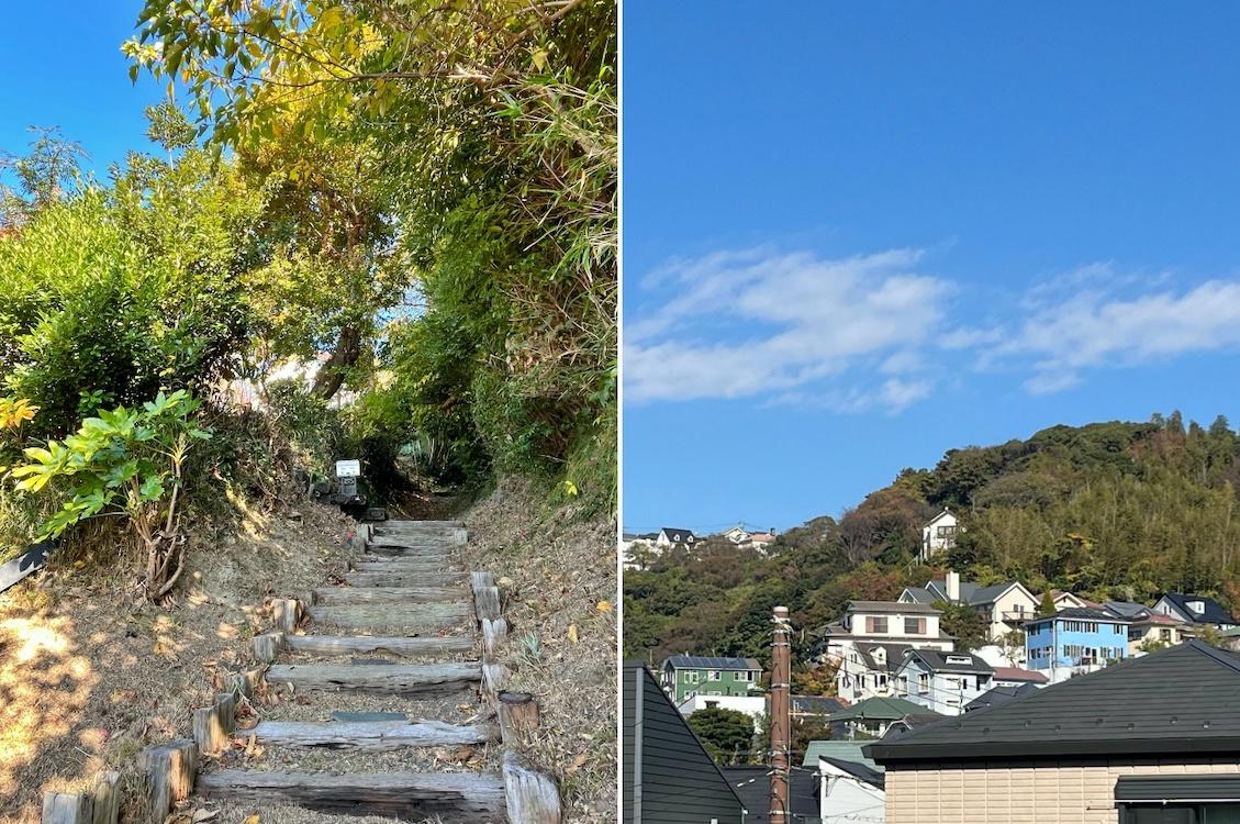 葉山町長柄の売買物件/左：町道の階段はやがて山道のようになります｜右：物件を遠くから見る