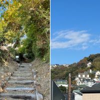 葉山町長柄の売買物件/左：町道の階段はやがて山道のようになります｜右：物件を遠くから見る
