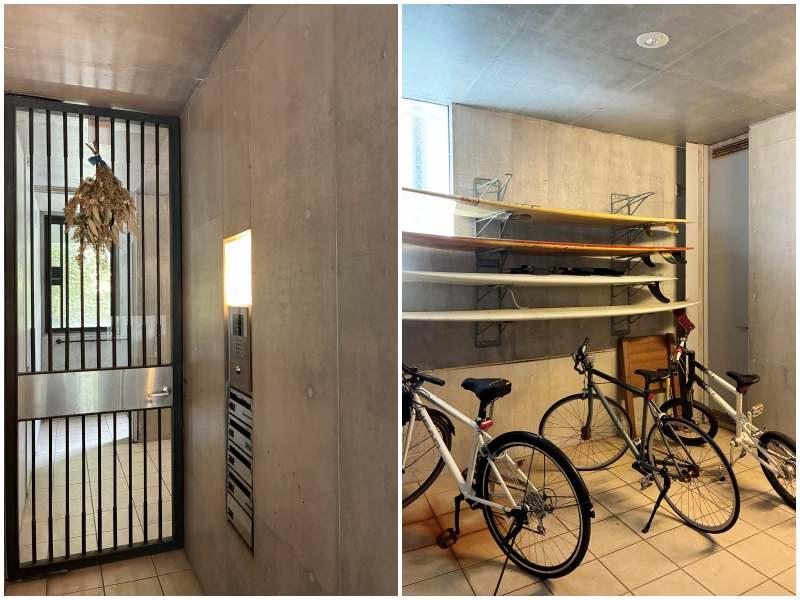 藤沢市片瀬四丁目の賃貸物件/左：オートロックのエントランス｜右：駐輪場とサーフボード置き場