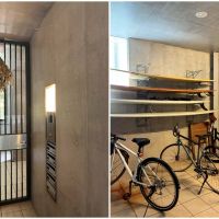 藤沢市片瀬四丁目の賃貸物件/左：オートロックのエントランス｜右：駐輪場とサーフボード置き場