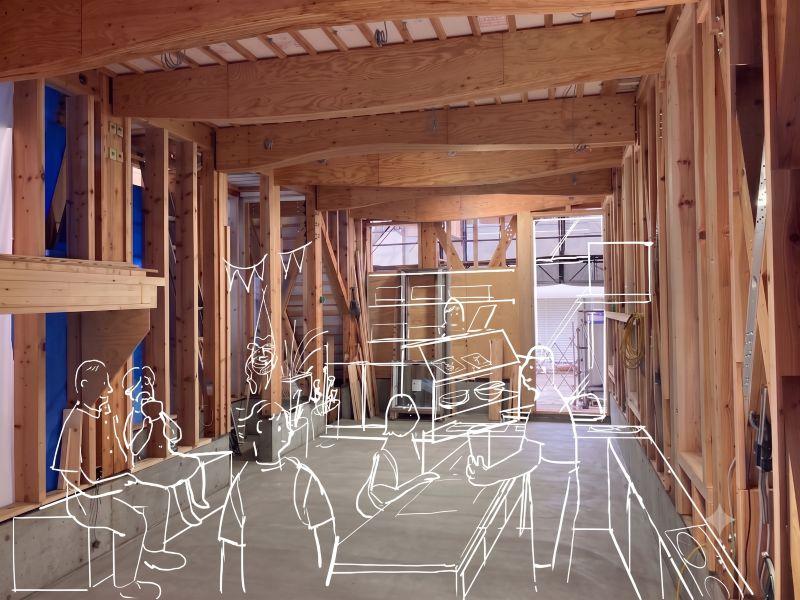 鎌倉市御成町の賃貸物件/1階（工事中）｜内装工事はこれからですが、こんな感じで小路に沿って5つの区画が並ぶ予定。（画像は工事途中の内観にAI加工を施したイメージです。）