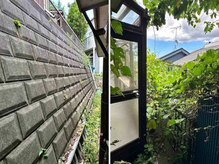横須賀市船越町四丁目の売買物件/左：南側の擁壁｜右：サンルーム前の植物たち