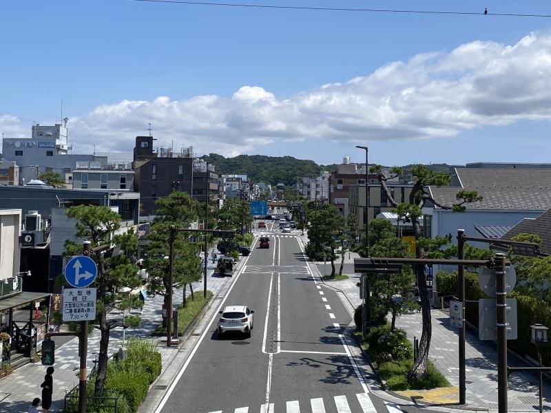 鎌倉市由比ガ浜二丁目の賃貸物件/周辺環境│由比ガ浜の歩道橋から鶴岡八幡宮を眺めてみる。建物は写真右側の通り沿いに見えます