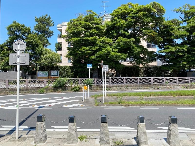鎌倉市由比ガ浜二丁目の賃貸物件/周辺環境│1階エントランス正面の眺め。向かいの歩道にはベンチがいくつか置かれており、休憩している人と目が合うこともありそう