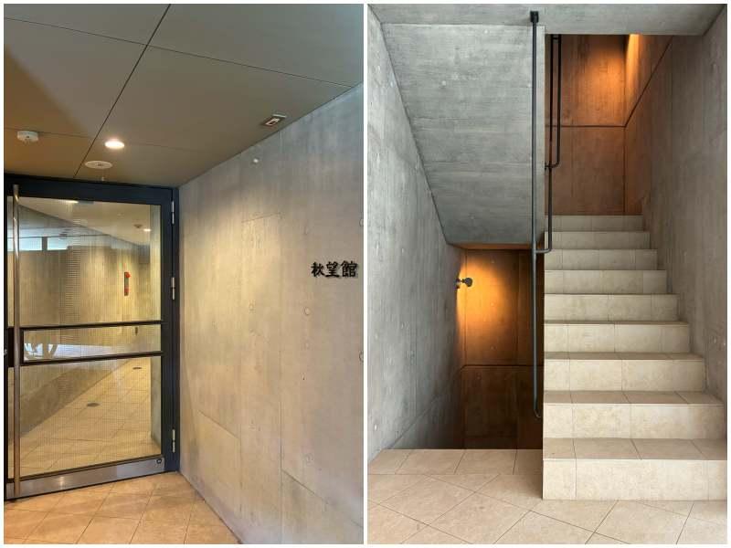 藤沢市片瀬四丁目の賃貸物件/左：建物入口｜右：エレベーターが付いていますが、階段もかっこいいのです