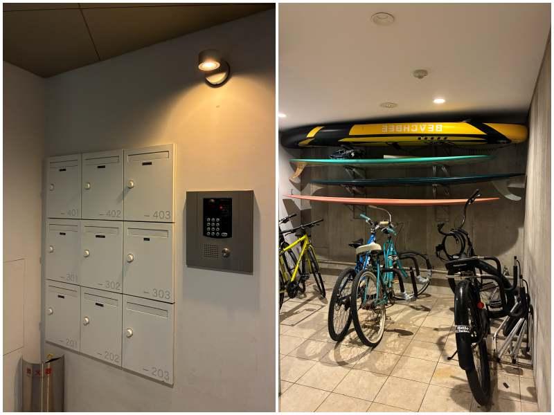 藤沢市片瀬四丁目の賃貸物件/左：エントランスの郵便受けとオートロック｜右：自転車1台・サーフボード1台が無料で置けます