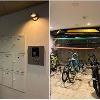 藤沢市片瀬四丁目の賃貸物件/左：エントランスの郵便受けとオートロック｜右：自転車1台・サーフボード1台が無料で置けます