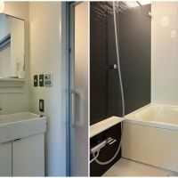 藤沢市片瀬四丁目の賃貸物件/202｜左：洗面脱衣所｜右：浴室（冷暖房・浴室乾燥機付き）
