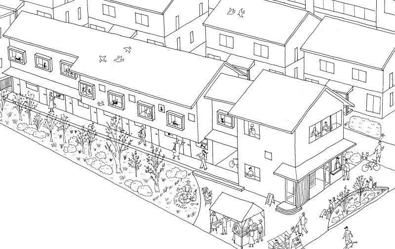 茅ヶ崎市本宿町の賃貸物件/イメージパース（はやかわ建築計画・早川慶太）｜道に面した側がコーヒーが飲める一棚図書館とコワーキングスペース。奥まった部分にアパートが並んでいます。ネコと本を通じて、この町の交流が生まれる場所にしていきたいという思いが詰まった場所です。