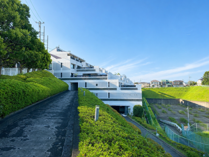平塚市日向岡二丁目の売買物件/外観│左の道は、サイドウォーク。駐輪場や各居室へ続きます。右下の道は、管理室と駐車場へ続きます