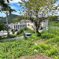 葉山町一色の賃貸物件/敷地から駐車場を見下ろす｜日は高台の住宅街の中にあります