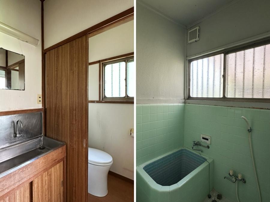 葉山町一色の賃貸物件/左：洗面とトイレ｜右：風呂はタイル張りですが追い焚き機能付き