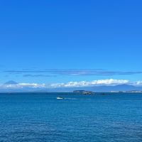 葉山町一色の賃貸物件/近くの堤防から｜左に富士山、真ん中に江ノ島と鳥居、右に灯台